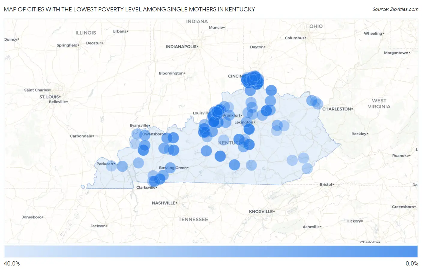 Cities with the Lowest Poverty Level Among Single Mothers in Kentucky Map