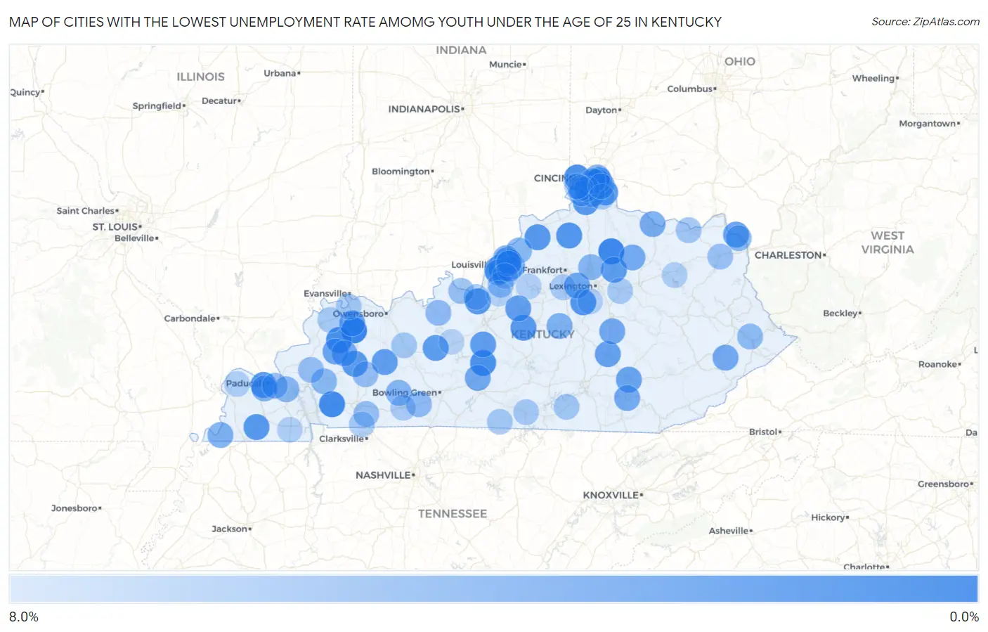 Cities with the Lowest Unemployment Rate Amomg Youth Under the Age of 25 in Kentucky Map