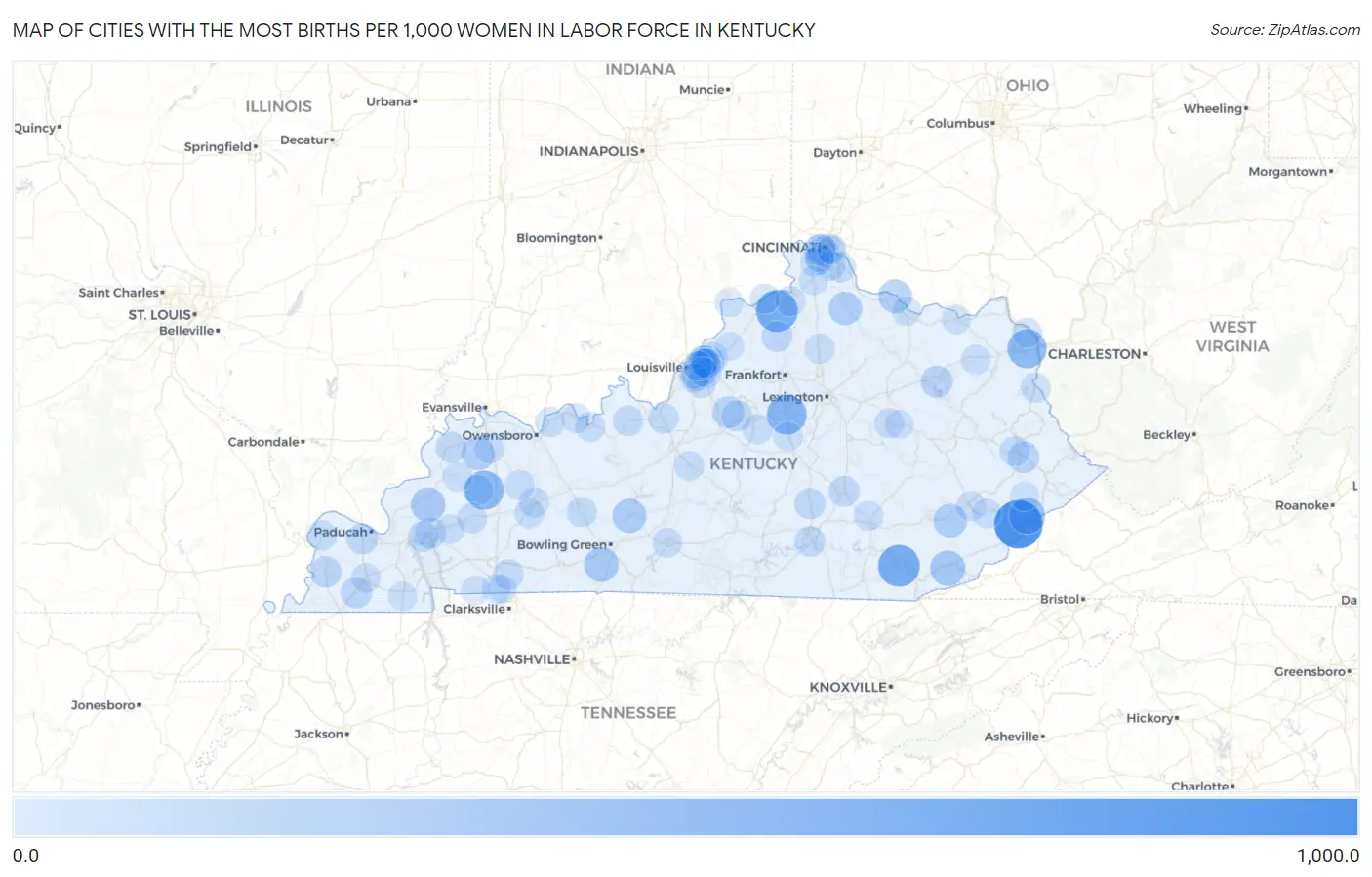 Cities with the Most Births per 1,000 Women in Labor Force in Kentucky Map