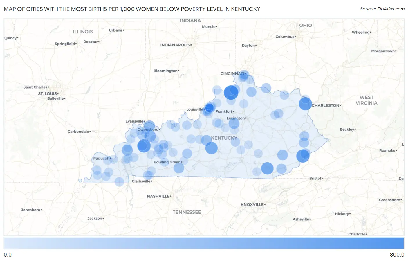 Cities with the Most Births per 1,000 Women Below Poverty Level in Kentucky Map