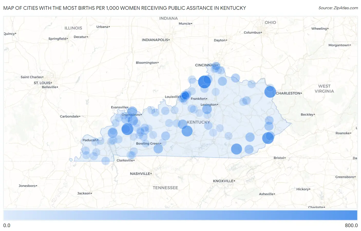 Cities with the Most Births per 1,000 Women Receiving Public Assitance in Kentucky Map
