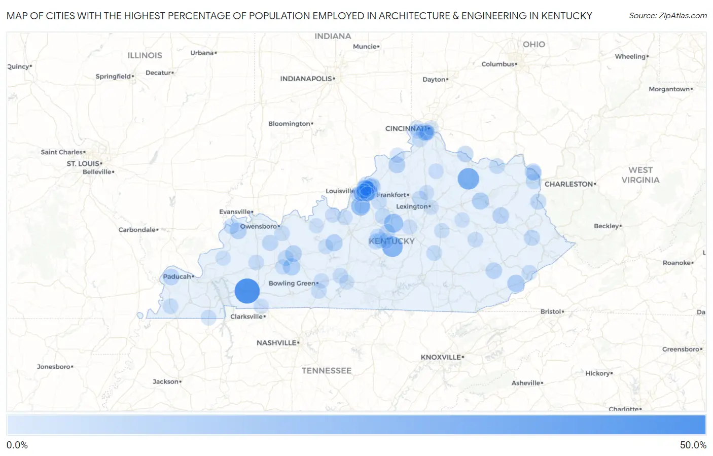 Cities with the Highest Percentage of Population Employed in Architecture & Engineering in Kentucky Map