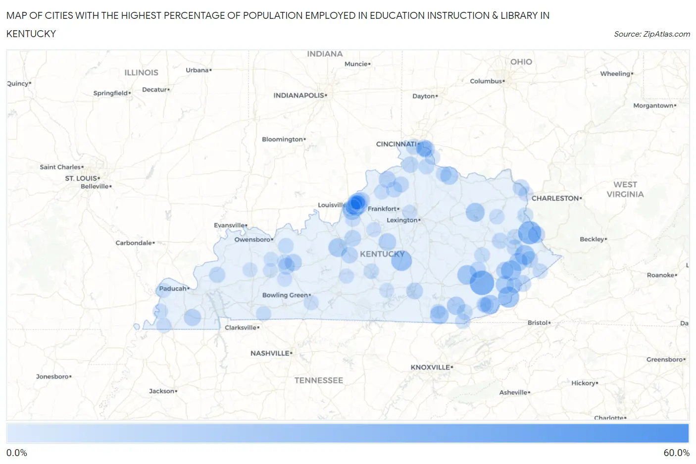 Cities with the Highest Percentage of Population Employed in Education Instruction & Library in Kentucky Map