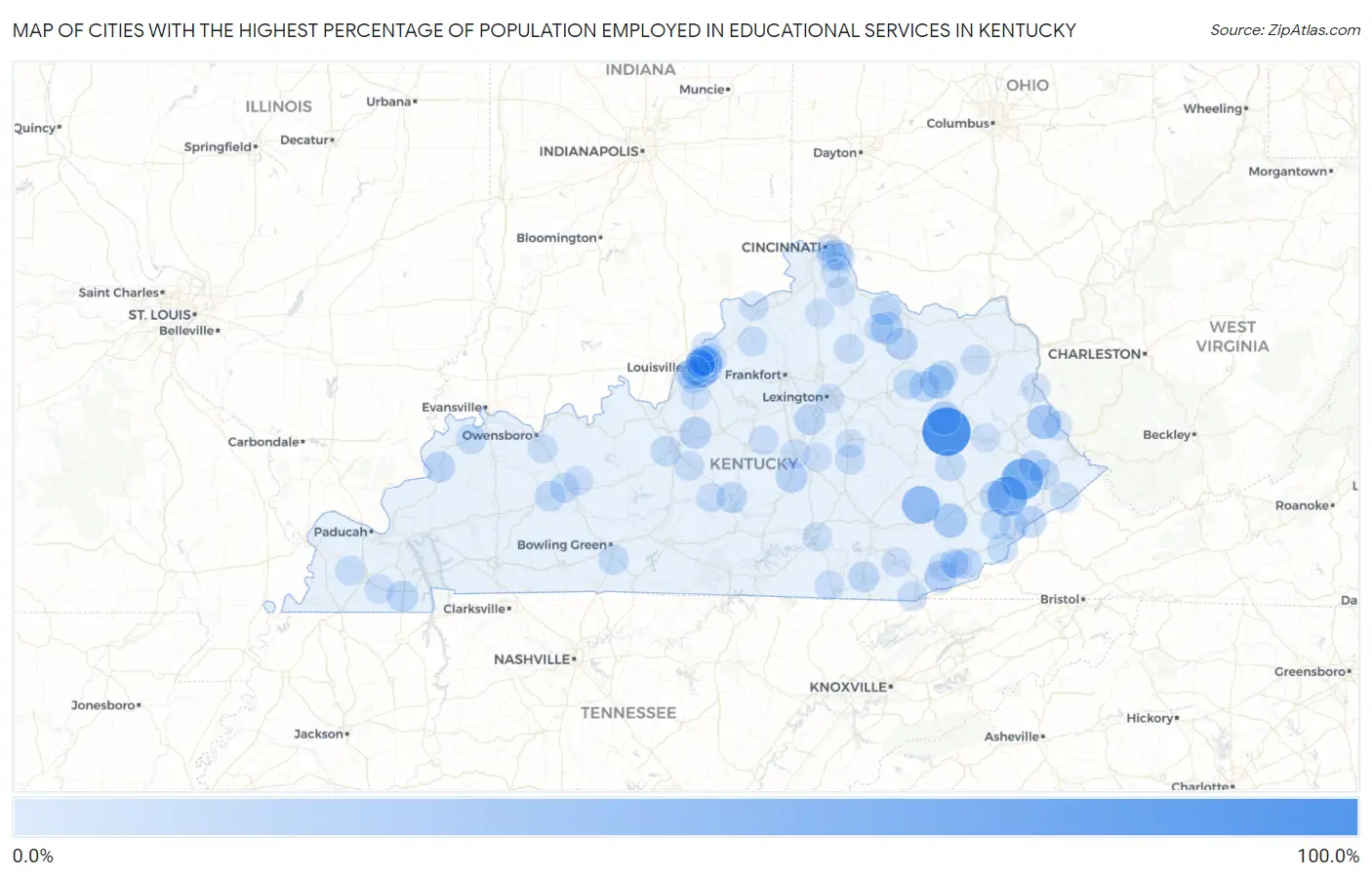 Cities with the Highest Percentage of Population Employed in Educational Services in Kentucky Map