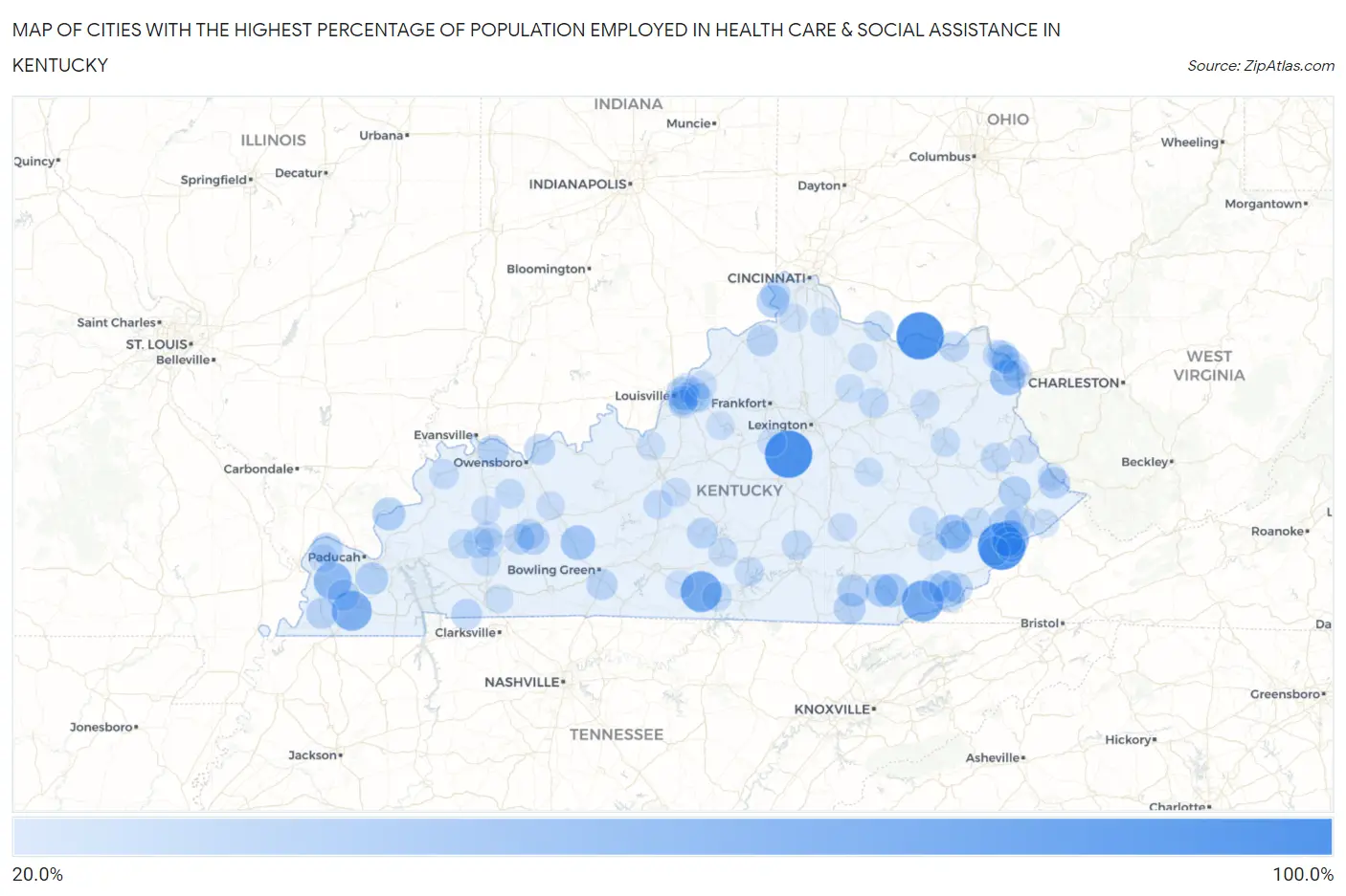 Cities with the Highest Percentage of Population Employed in Health Care & Social Assistance in Kentucky Map