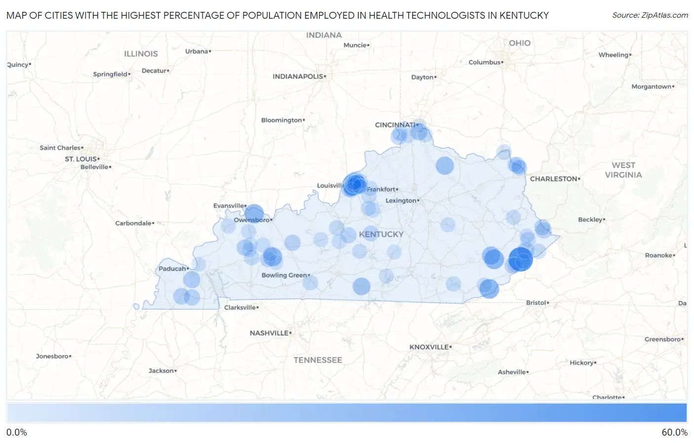 Cities with the Highest Percentage of Population Employed in Health Technologists in Kentucky Map