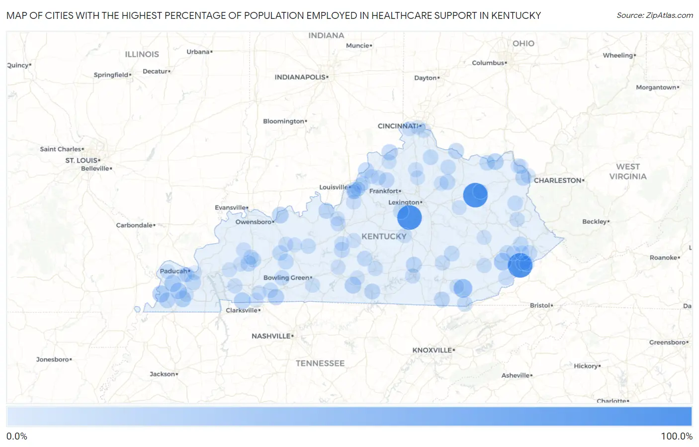 Cities with the Highest Percentage of Population Employed in Healthcare Support in Kentucky Map