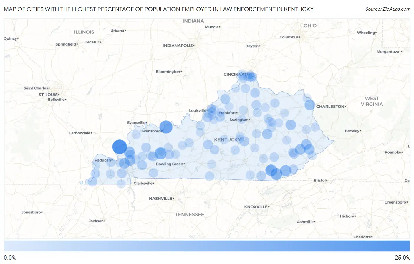 Cities with the Highest Percentage of Population Employed in Law Enforcement in Kentucky Map