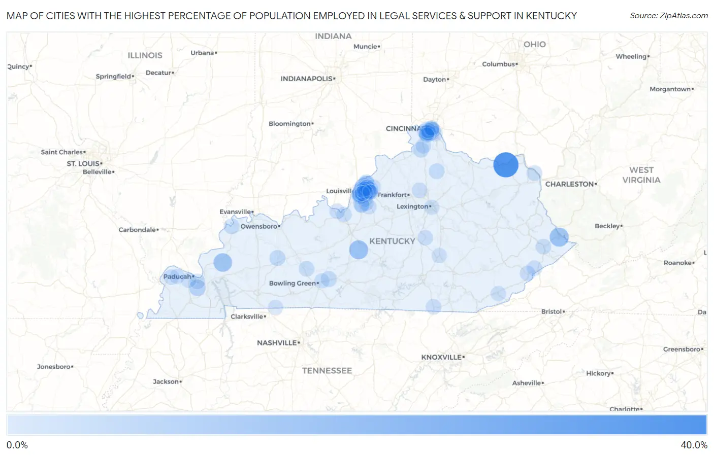 Cities with the Highest Percentage of Population Employed in Legal Services & Support in Kentucky Map