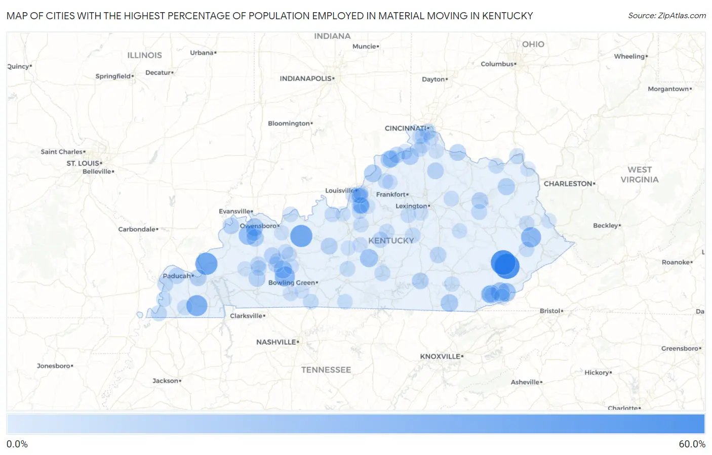 Cities with the Highest Percentage of Population Employed in Material Moving in Kentucky Map