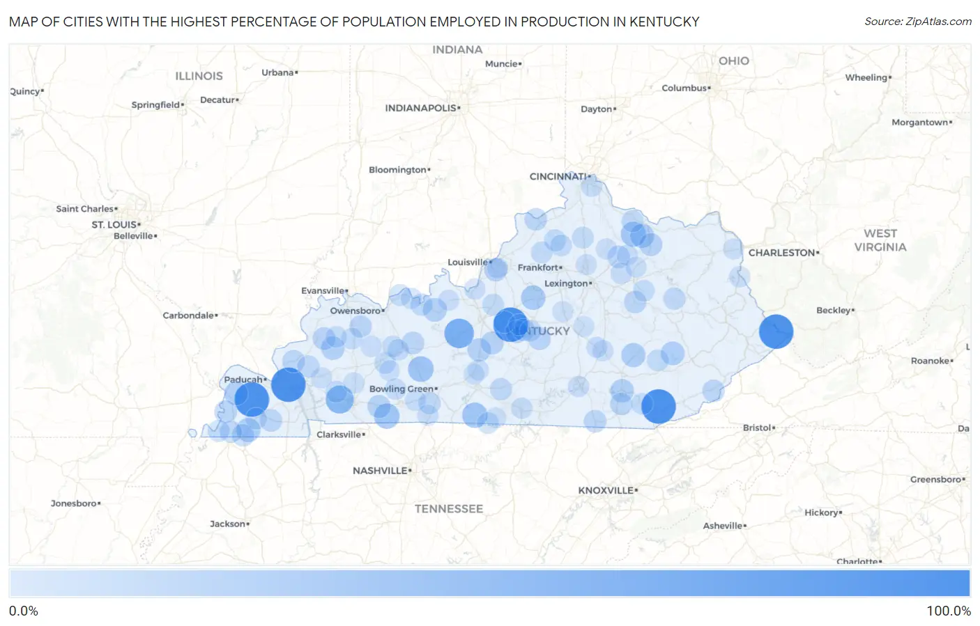 Cities with the Highest Percentage of Population Employed in Production in Kentucky Map
