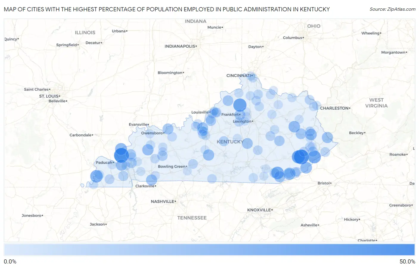 Cities with the Highest Percentage of Population Employed in Public Administration in Kentucky Map