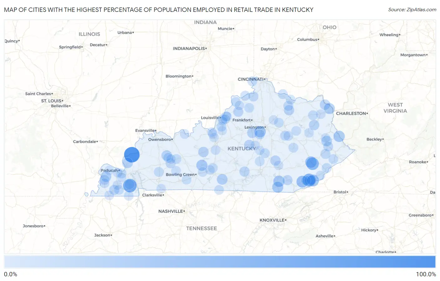 Cities with the Highest Percentage of Population Employed in Retail Trade in Kentucky Map