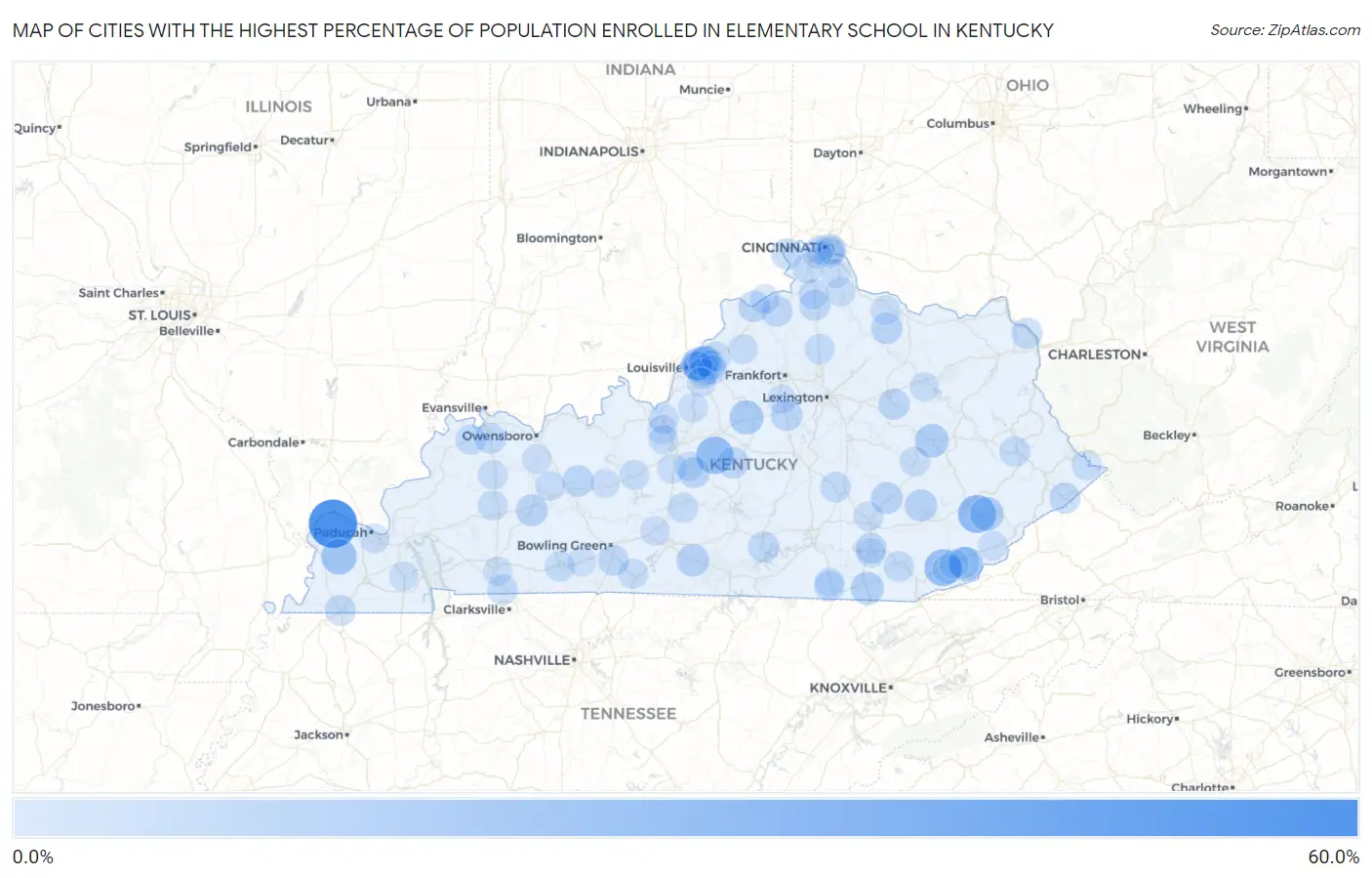 Cities with the Highest Percentage of Population Enrolled in Elementary School in Kentucky Map