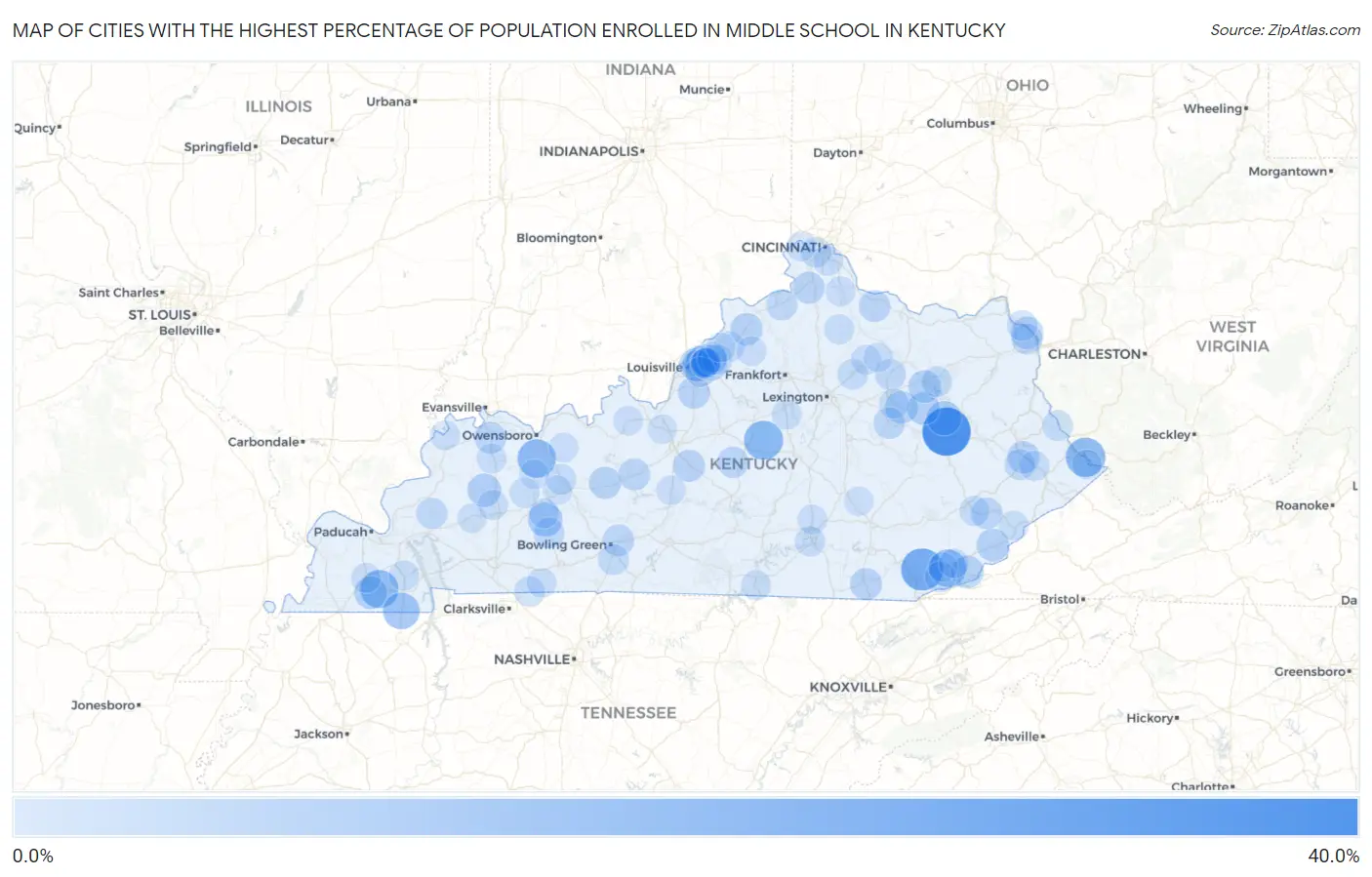 Cities with the Highest Percentage of Population Enrolled in Middle School in Kentucky Map