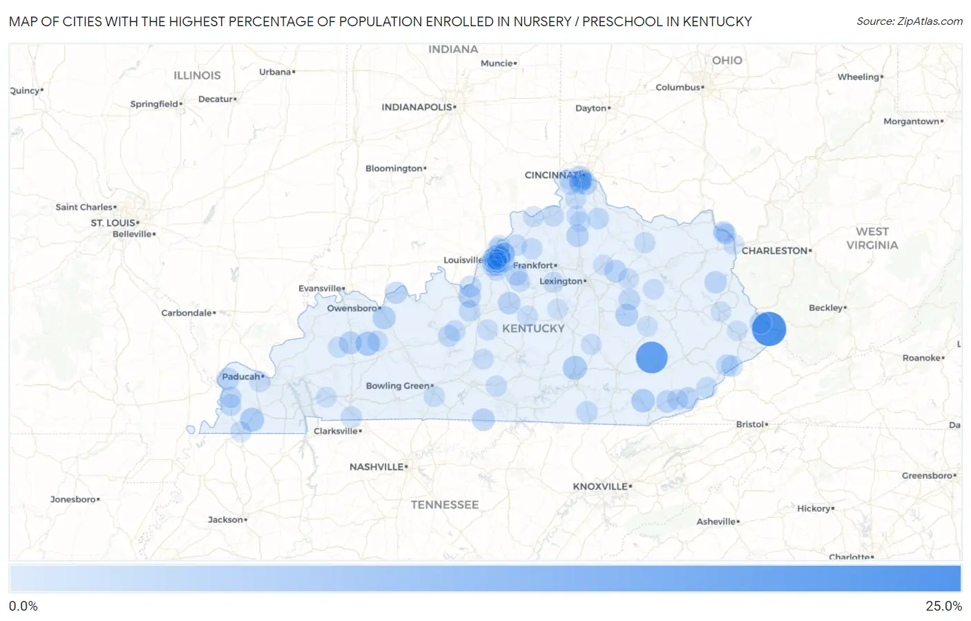 Cities with the Highest Percentage of Population Enrolled in Nursery / Preschool in Kentucky Map