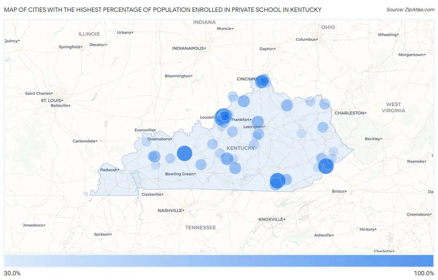 Cities with the Highest Percentage of Population Enrolled in Private School in Kentucky Map