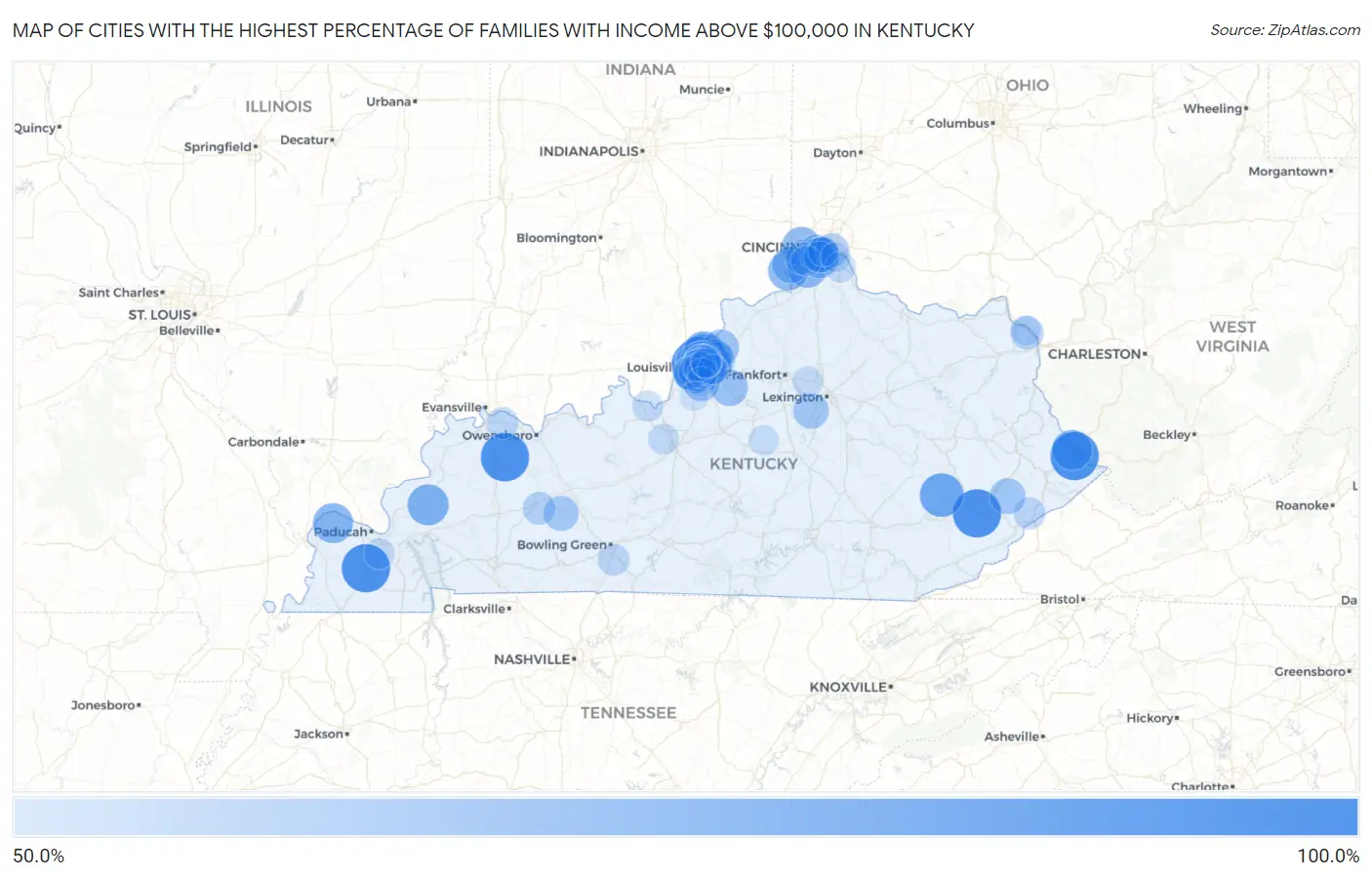 Cities with the Highest Percentage of Families with Income Above $100,000 in Kentucky Map