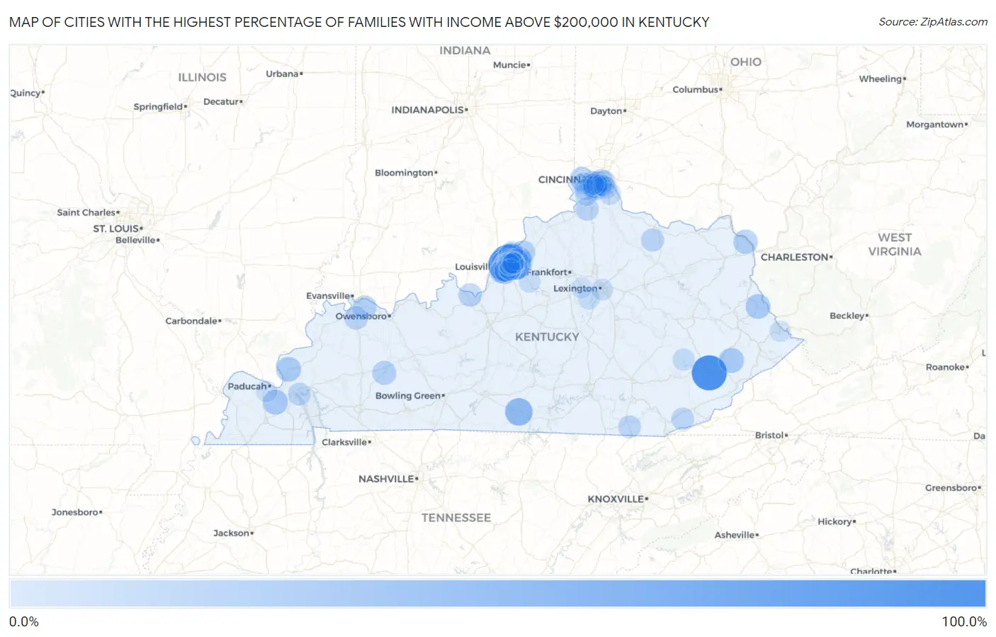 Cities with the Highest Percentage of Families with Income Above $200,000 in Kentucky Map