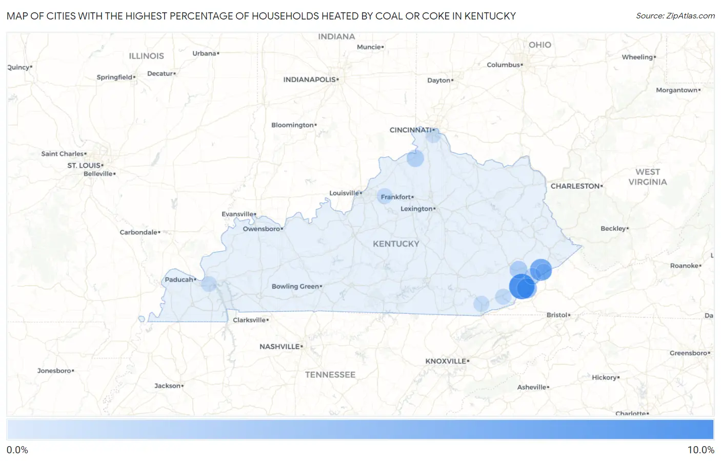 Cities with the Highest Percentage of Households Heated by Coal or Coke in Kentucky Map