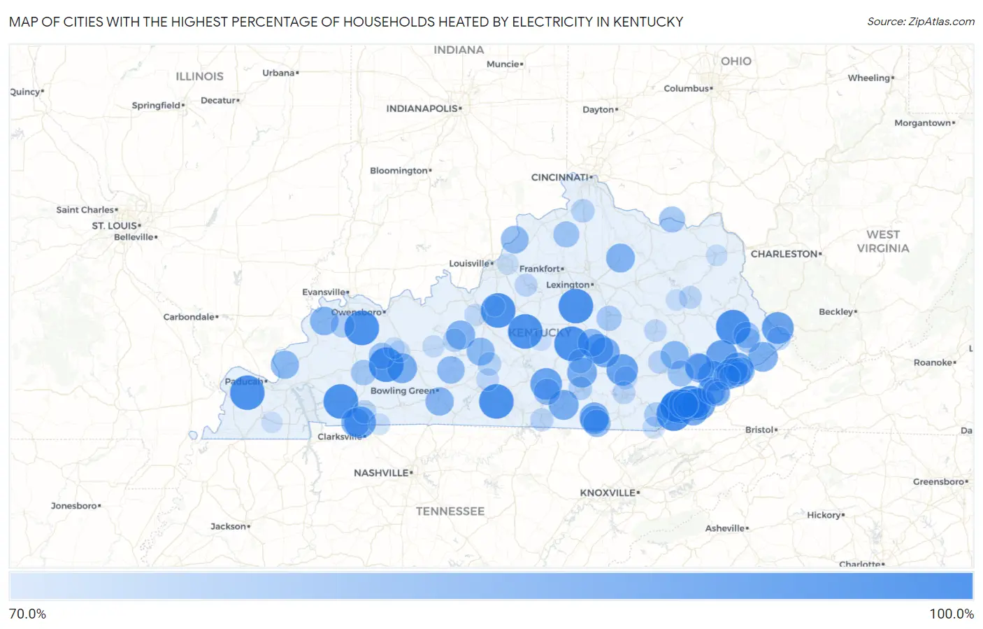 Cities with the Highest Percentage of Households Heated by Electricity in Kentucky Map