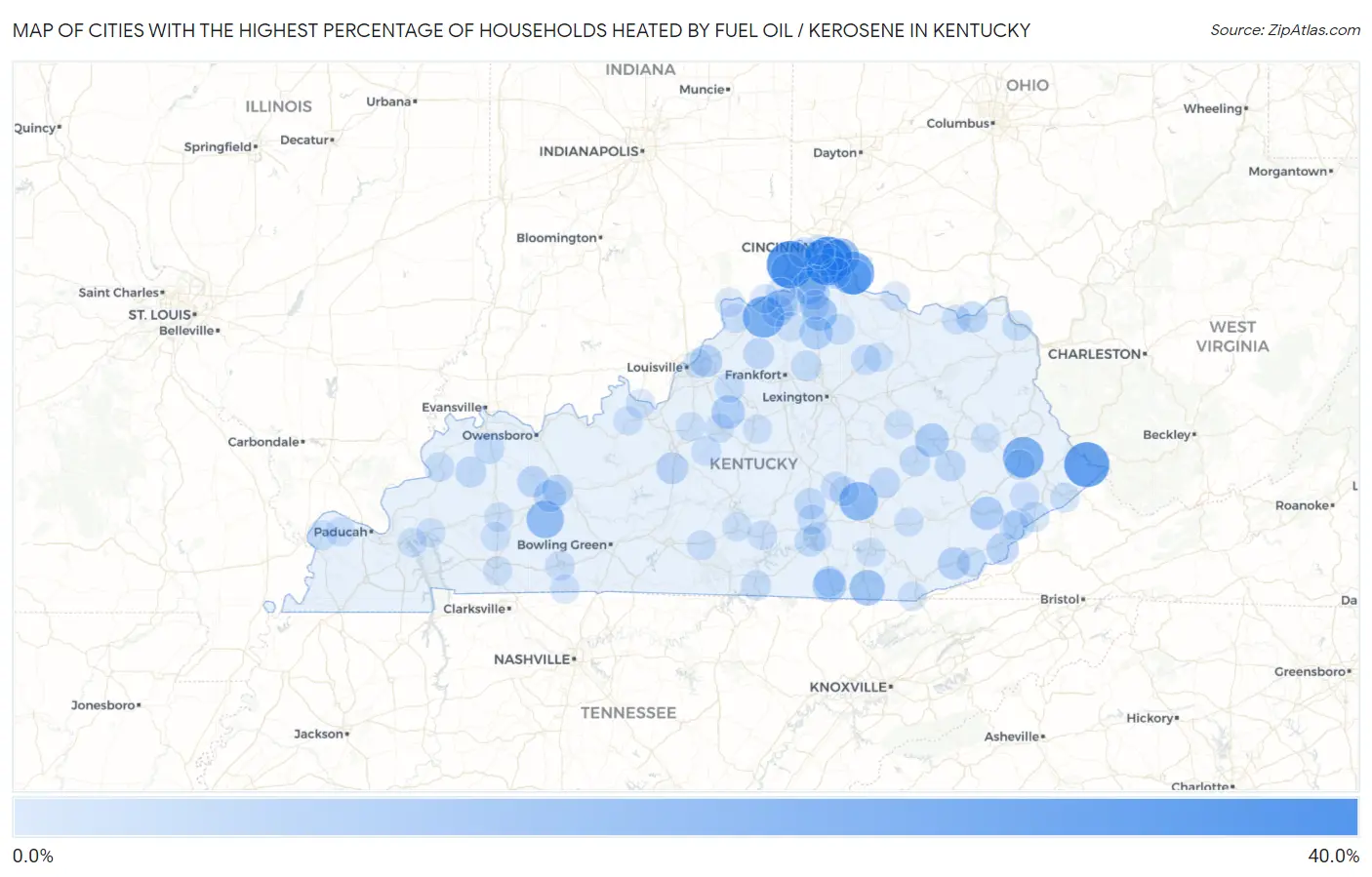 Cities with the Highest Percentage of Households Heated by Fuel Oil / Kerosene in Kentucky Map