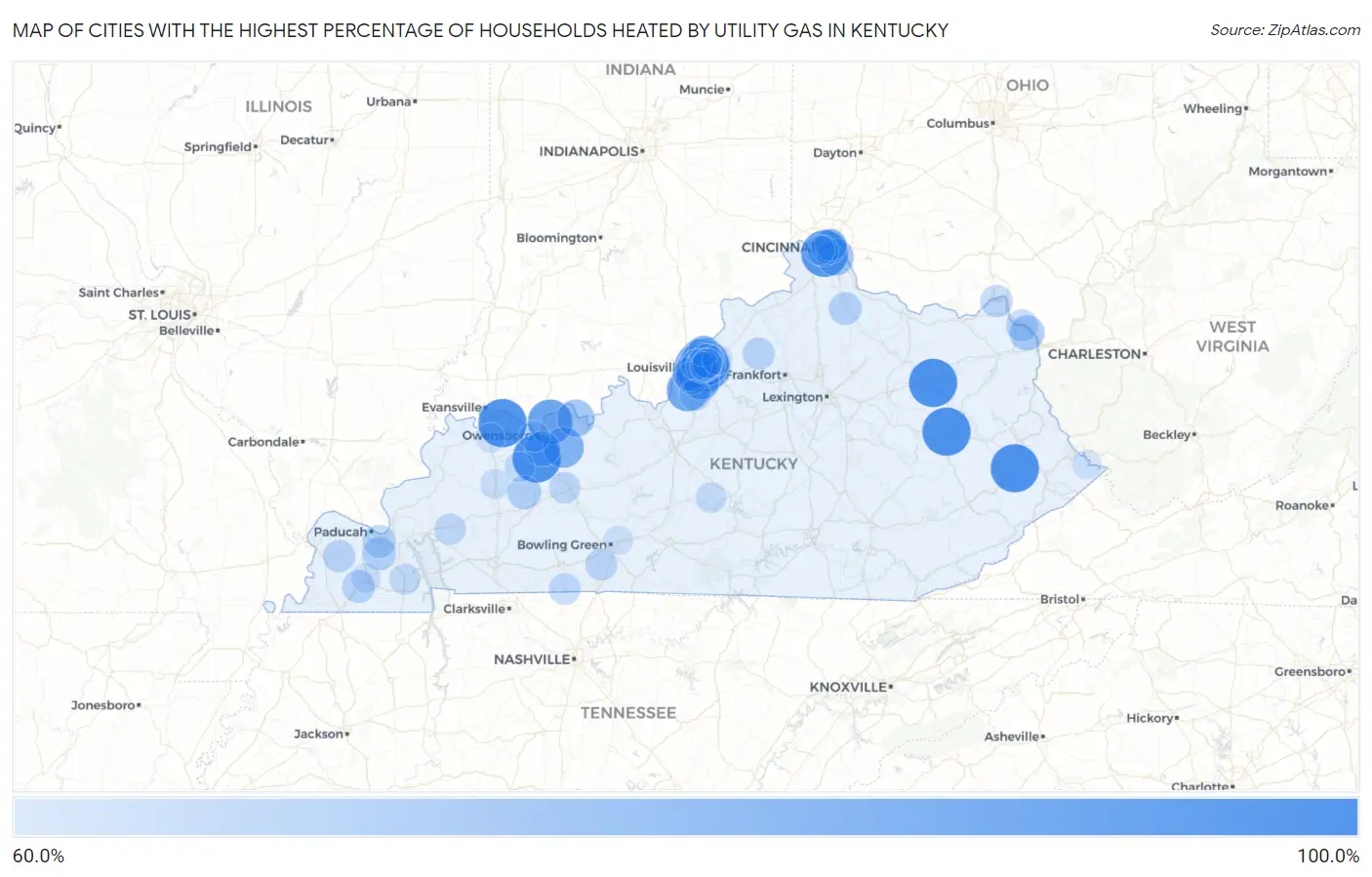 Cities with the Highest Percentage of Households Heated by Utility Gas in Kentucky Map