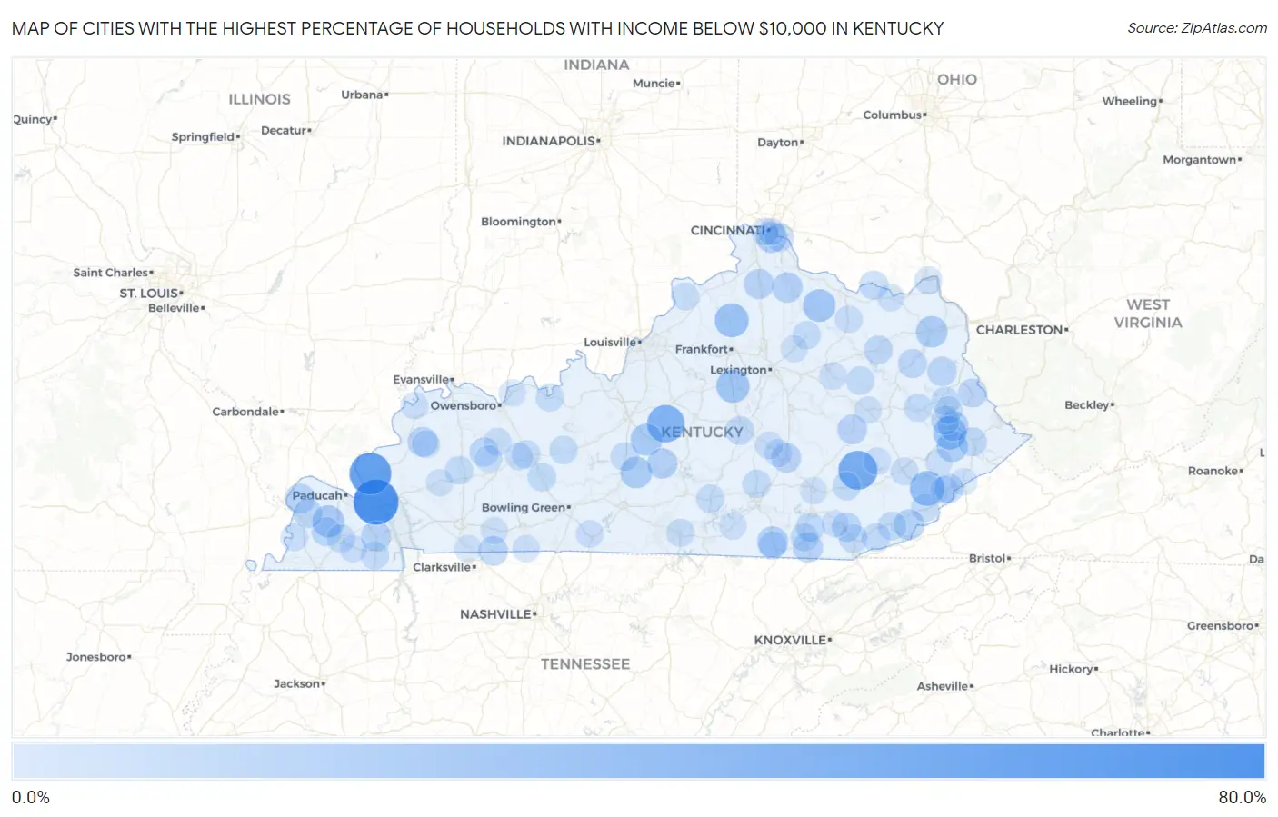 Cities with the Highest Percentage of Households with Income Below $10,000 in Kentucky Map