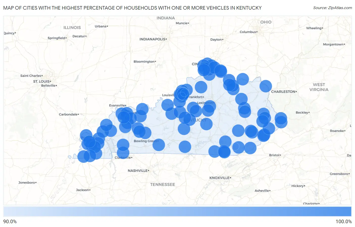 Cities with the Highest Percentage of Households With One or more Vehicles in Kentucky Map