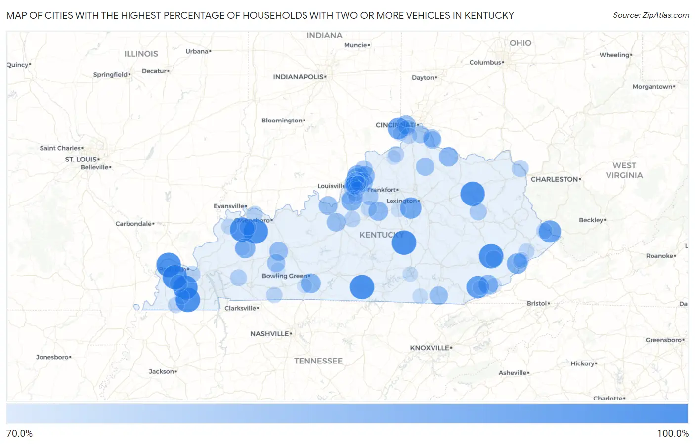 Cities with the Highest Percentage of Households With Two or more Vehicles in Kentucky Map