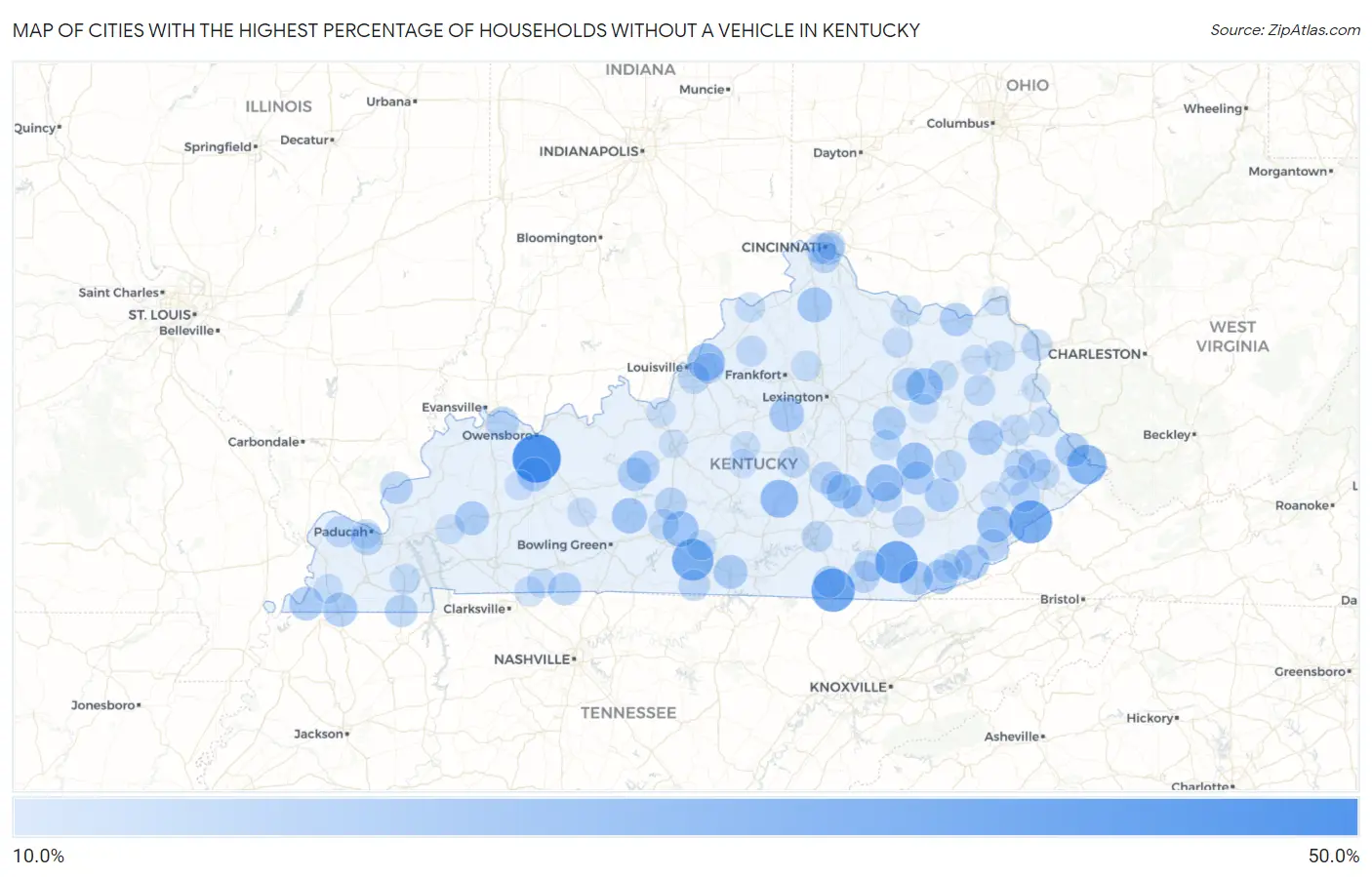 Cities with the Highest Percentage of Households Without a Vehicle in Kentucky Map