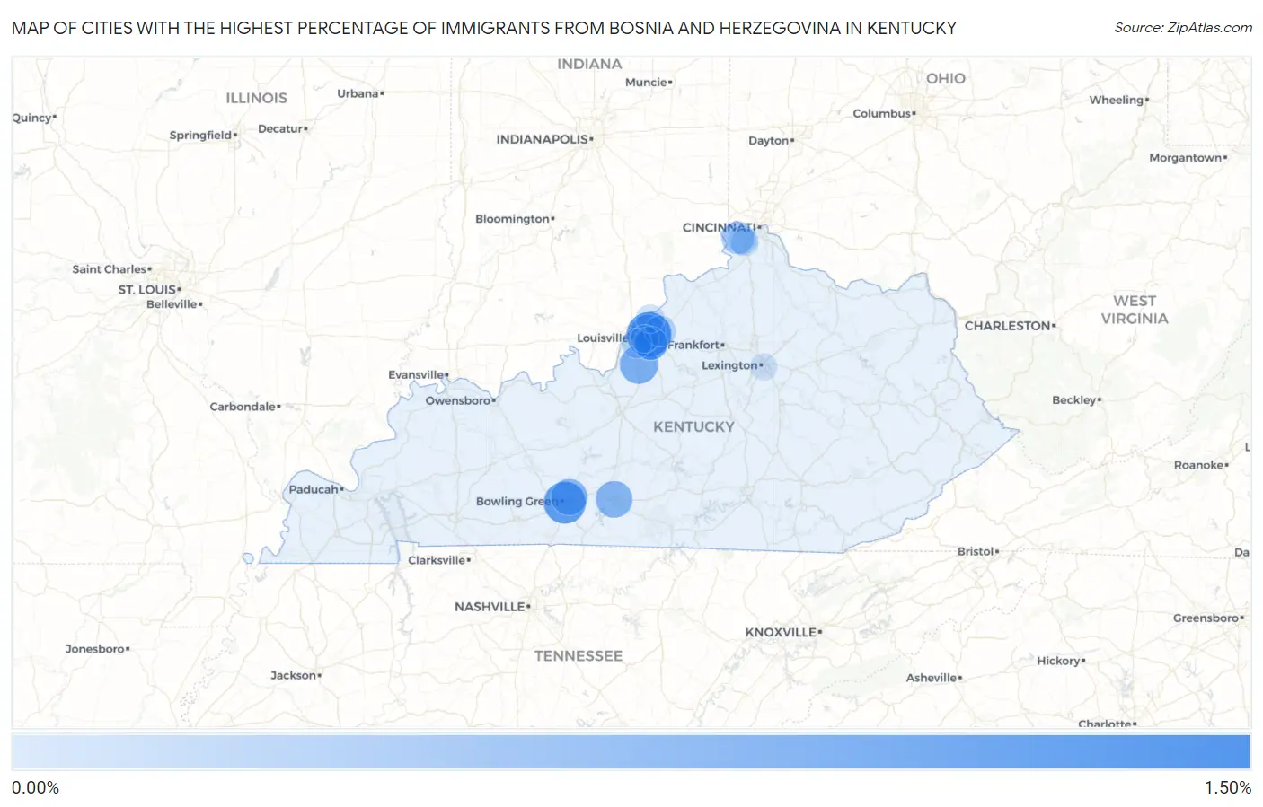Cities with the Highest Percentage of Immigrants from Bosnia and Herzegovina in Kentucky Map