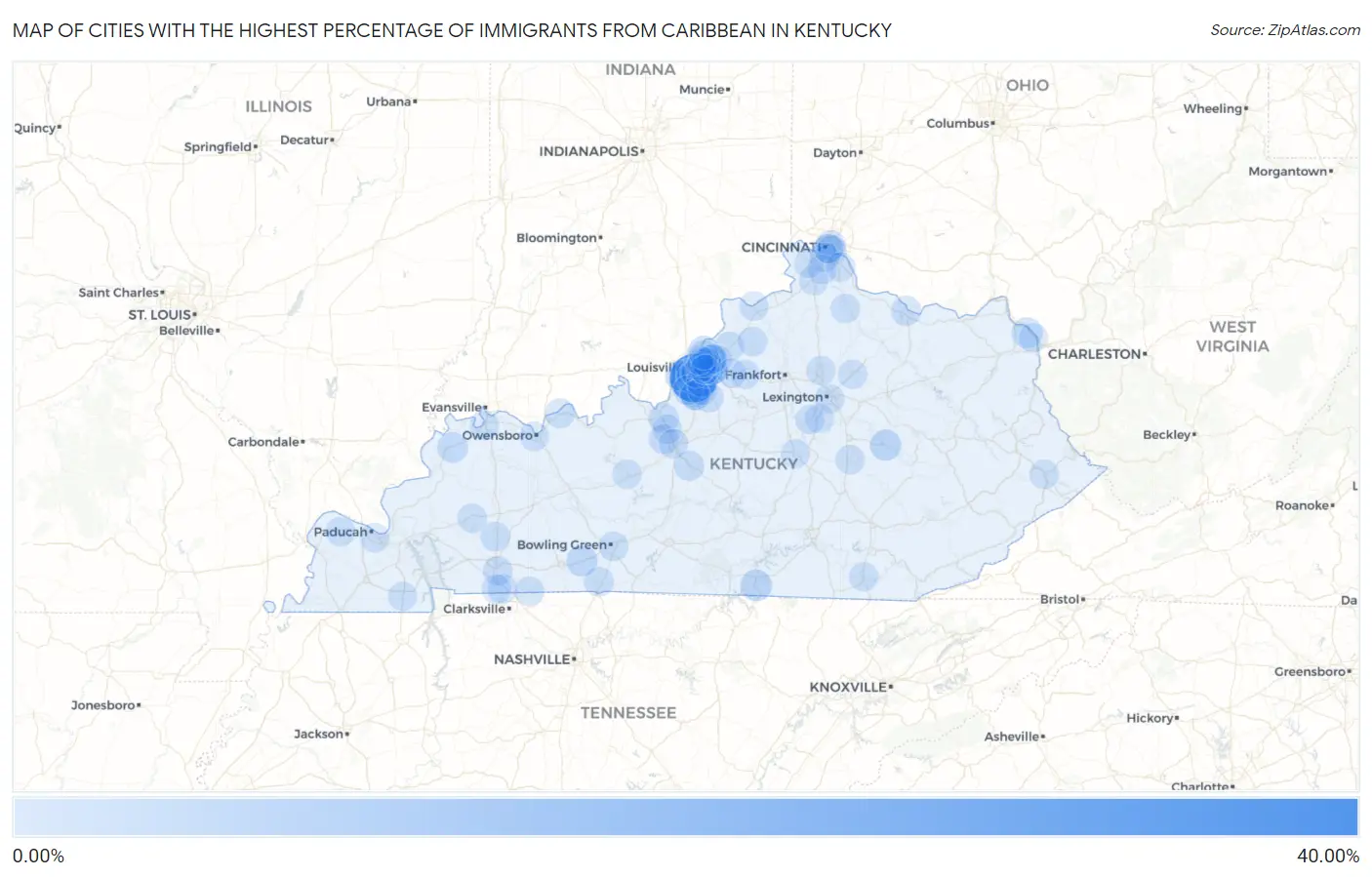 Cities with the Highest Percentage of Immigrants from Caribbean in Kentucky Map