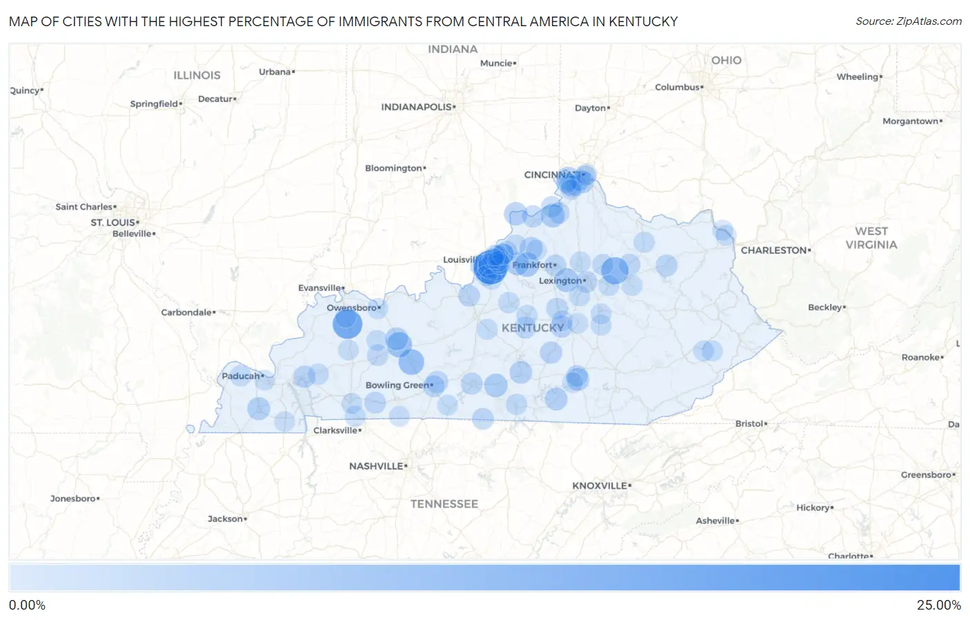 Cities with the Highest Percentage of Immigrants from Central America in Kentucky Map