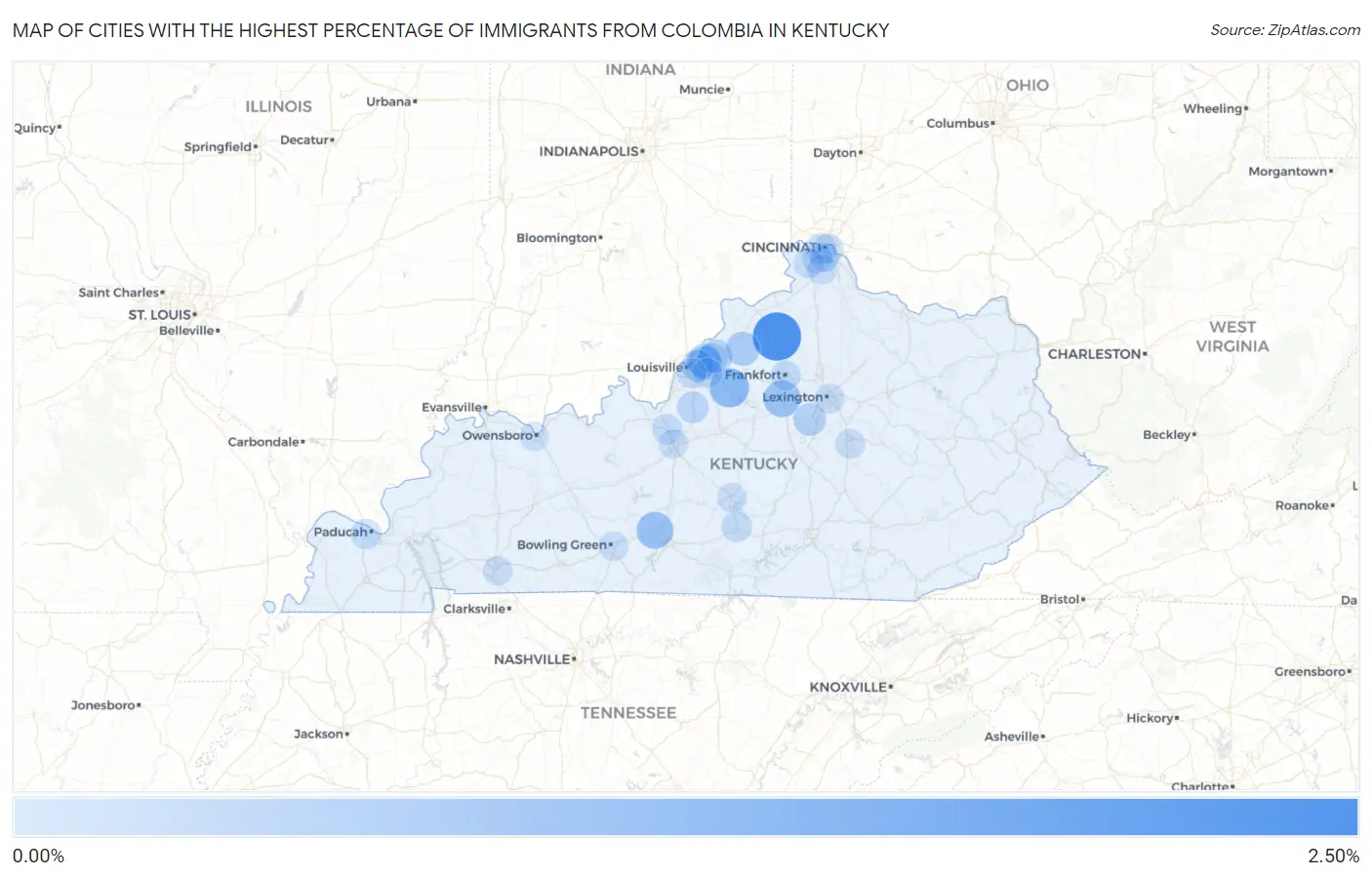 Cities with the Highest Percentage of Immigrants from Colombia in Kentucky Map