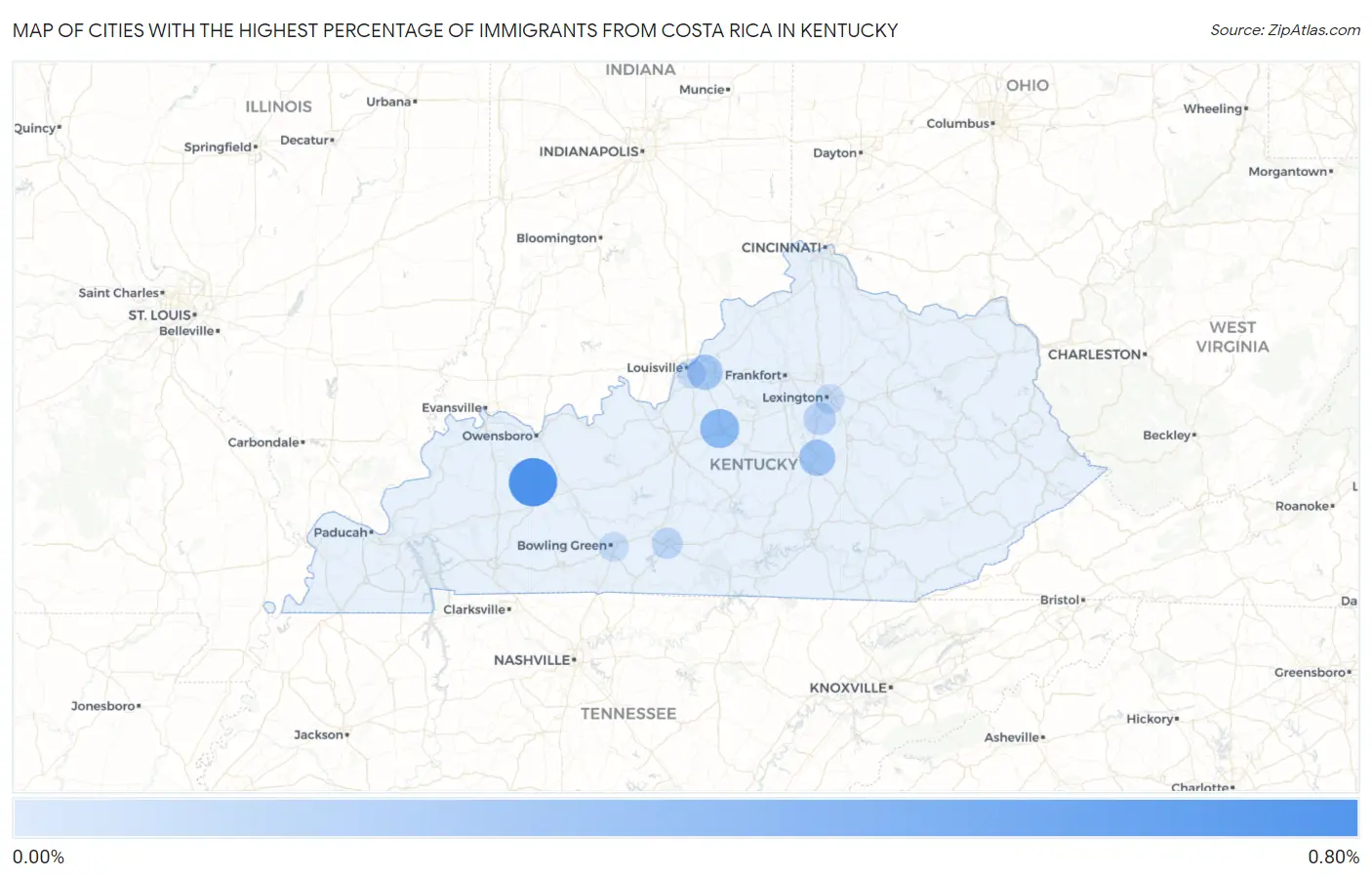 Cities with the Highest Percentage of Immigrants from Costa Rica in Kentucky Map