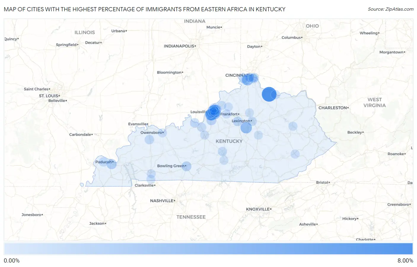 Cities with the Highest Percentage of Immigrants from Eastern Africa in Kentucky Map
