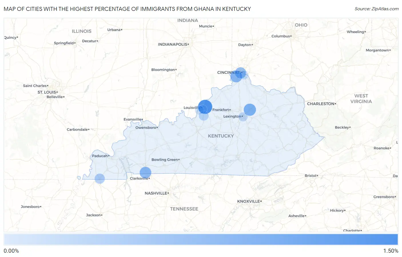 Cities with the Highest Percentage of Immigrants from Ghana in Kentucky Map