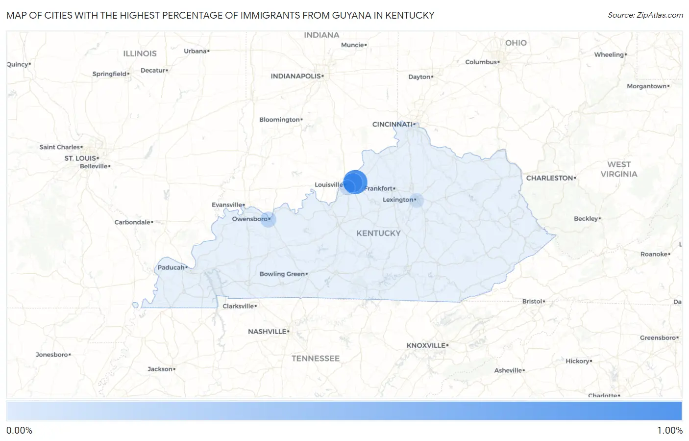Cities with the Highest Percentage of Immigrants from Guyana in Kentucky Map