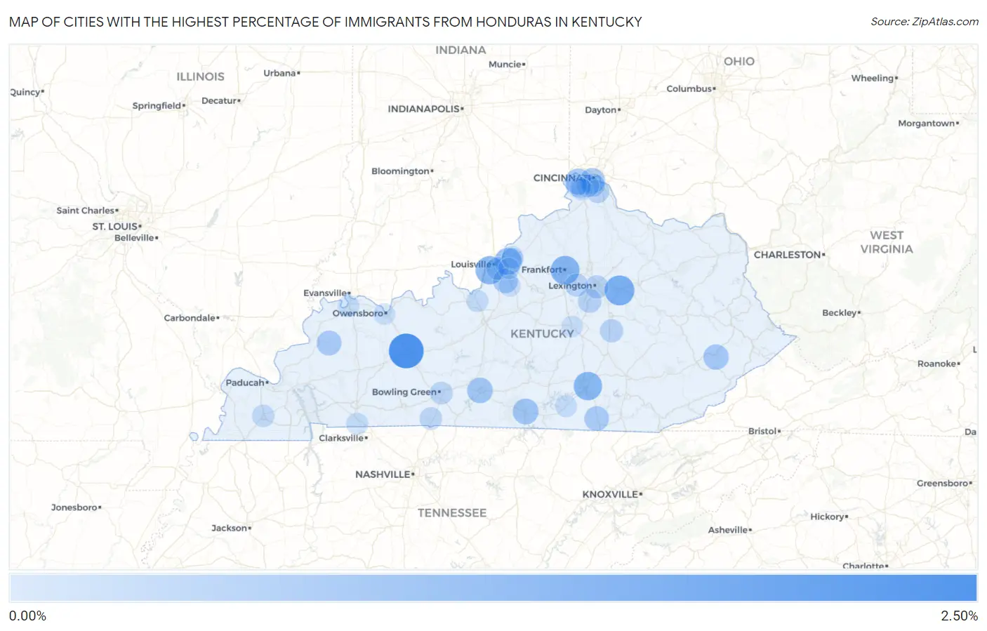 Cities with the Highest Percentage of Immigrants from Honduras in Kentucky Map
