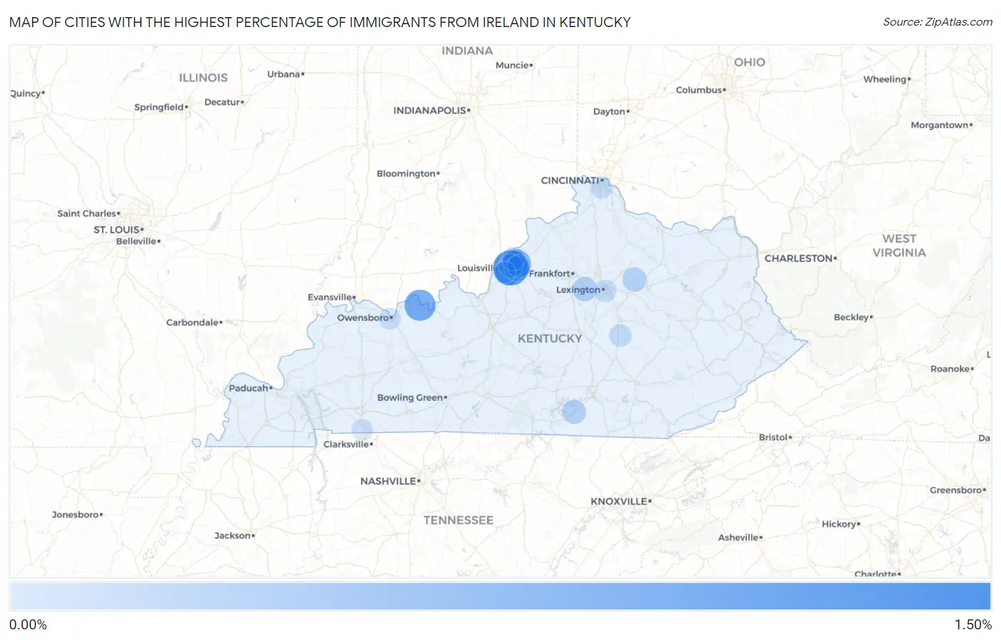 Cities with the Highest Percentage of Immigrants from Ireland in Kentucky Map