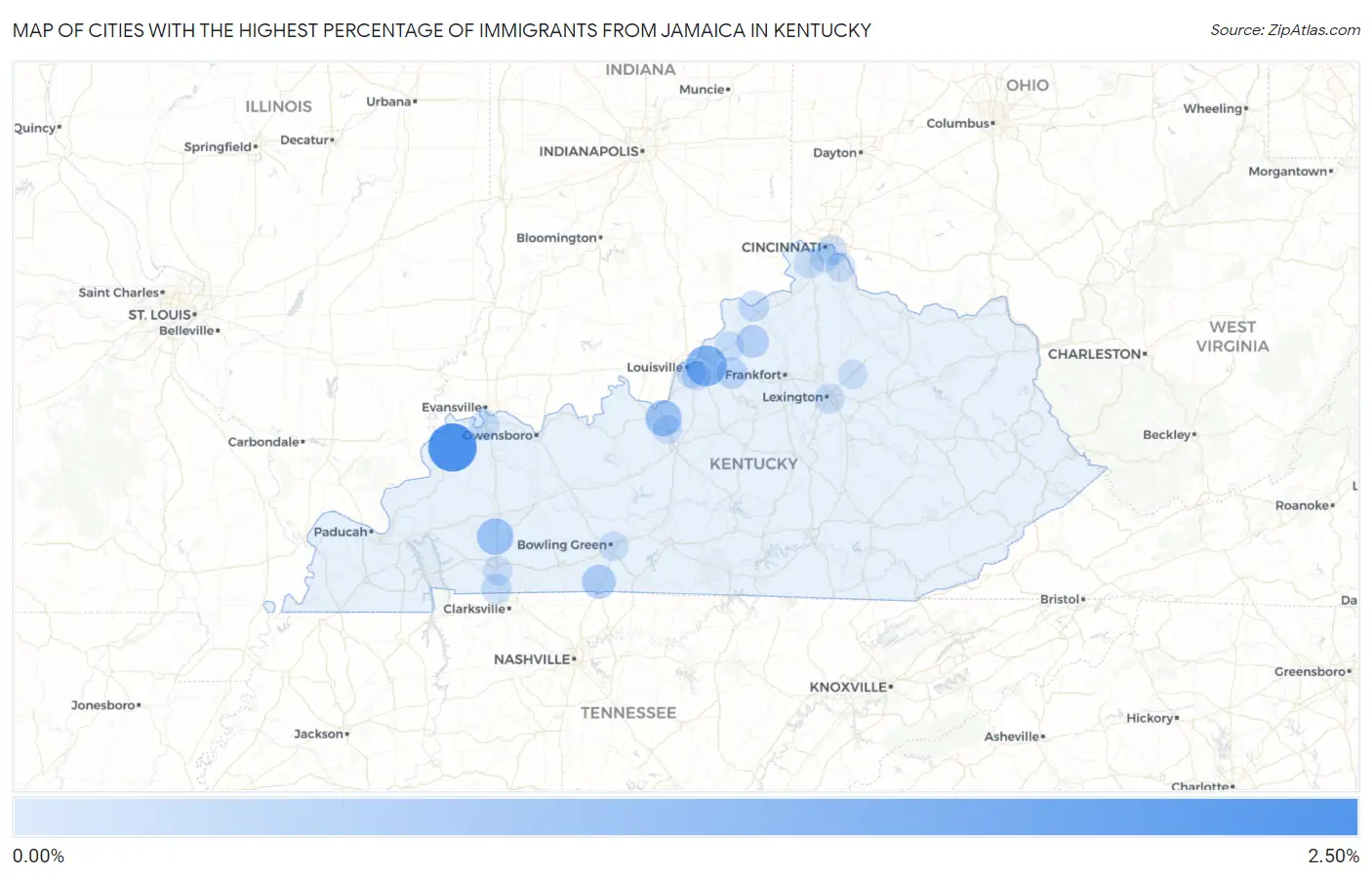 Cities with the Highest Percentage of Immigrants from Jamaica in Kentucky Map
