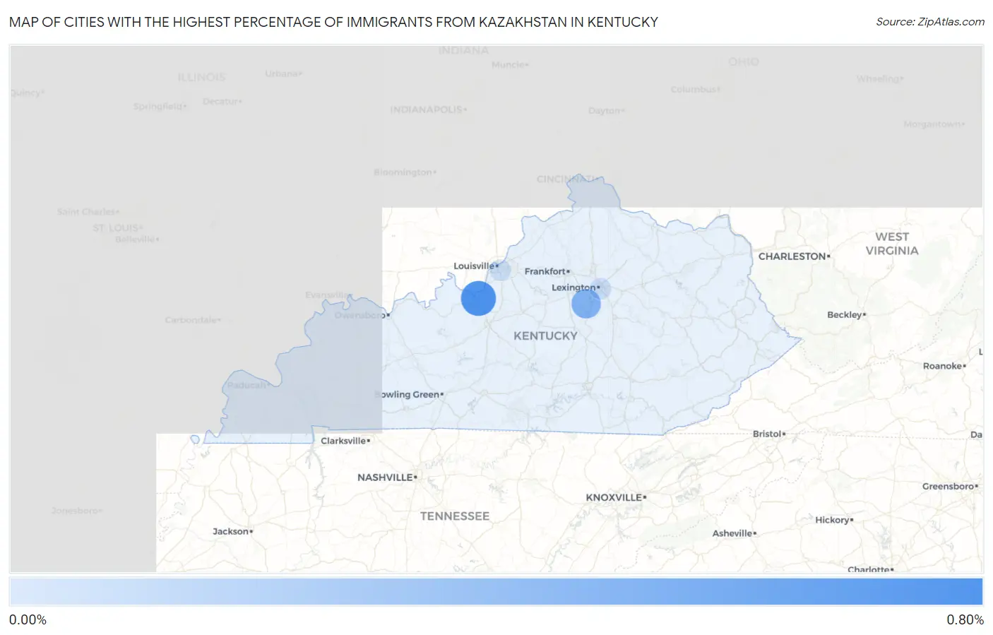 Cities with the Highest Percentage of Immigrants from Kazakhstan in Kentucky Map