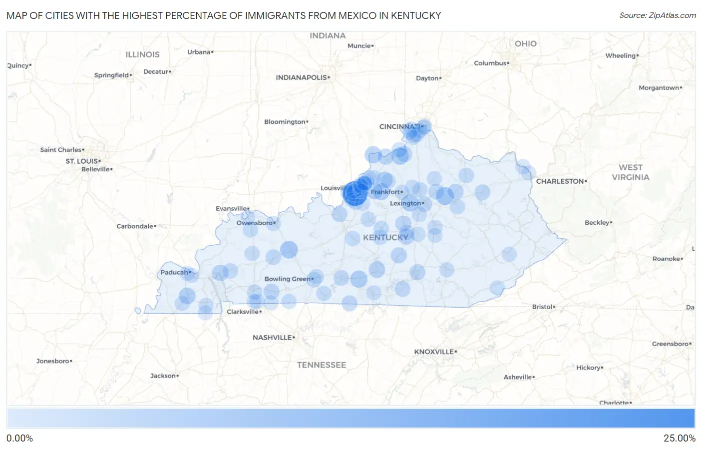 Cities with the Highest Percentage of Immigrants from Mexico in Kentucky Map