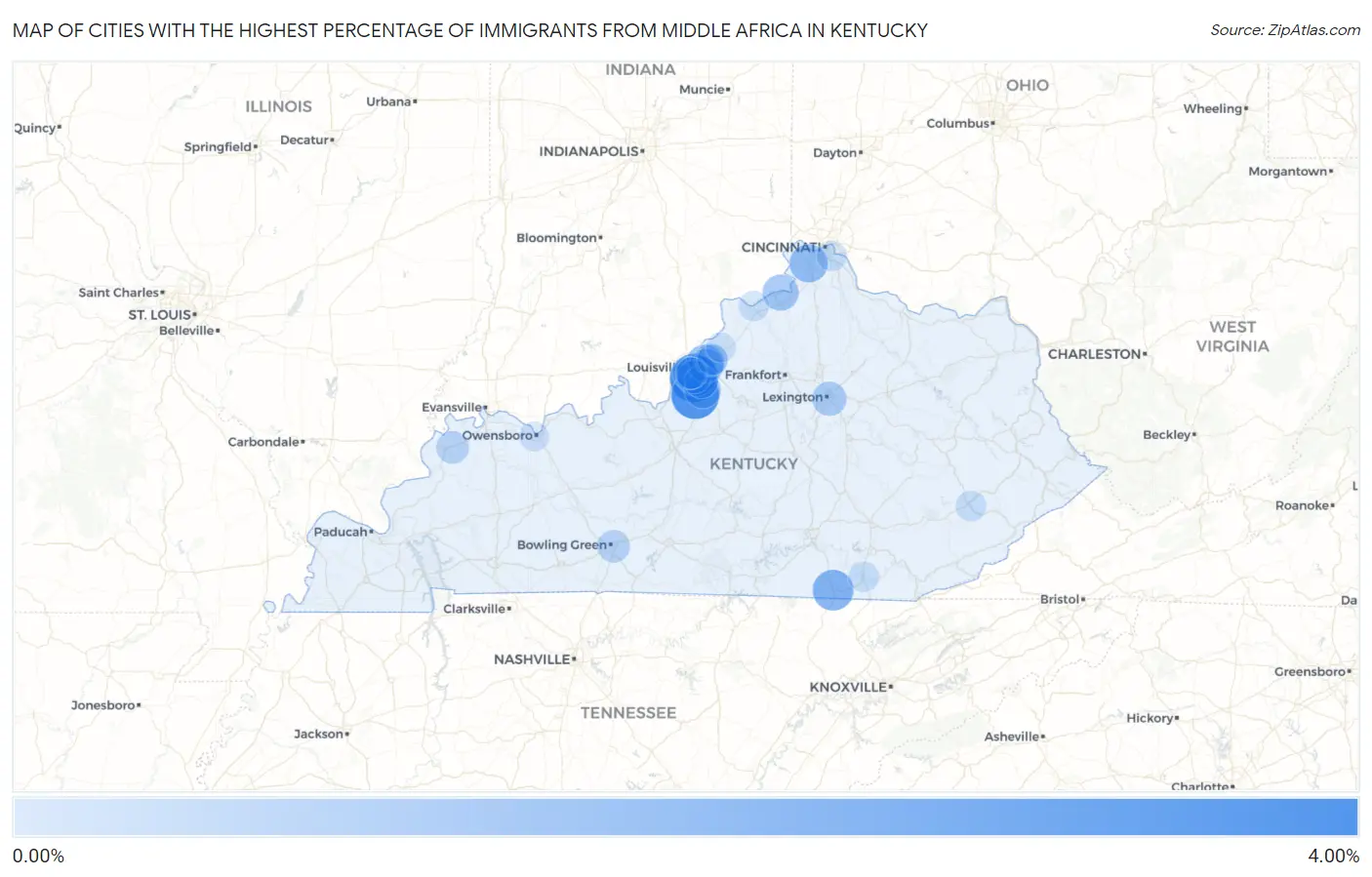 Cities with the Highest Percentage of Immigrants from Middle Africa in Kentucky Map