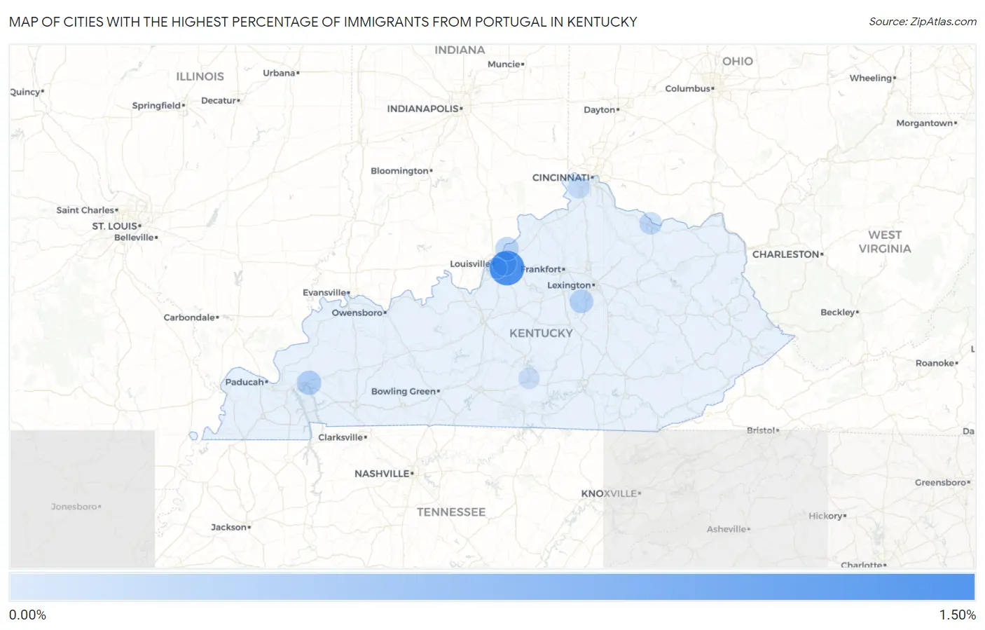 Cities with the Highest Percentage of Immigrants from Portugal in Kentucky Map
