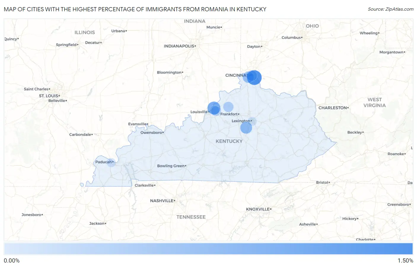 Cities with the Highest Percentage of Immigrants from Romania in Kentucky Map