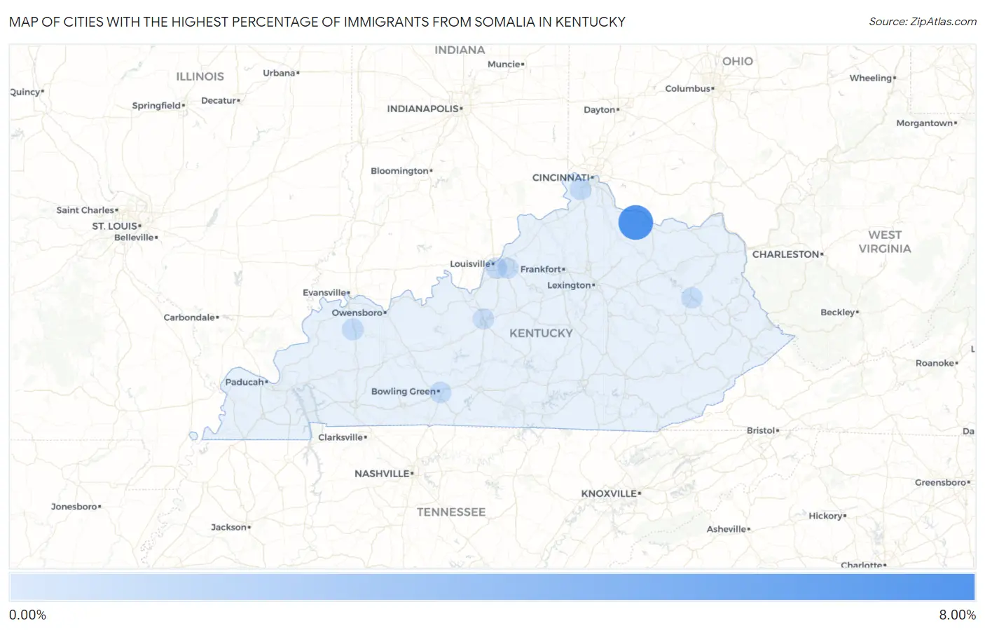 Cities with the Highest Percentage of Immigrants from Somalia in Kentucky Map
