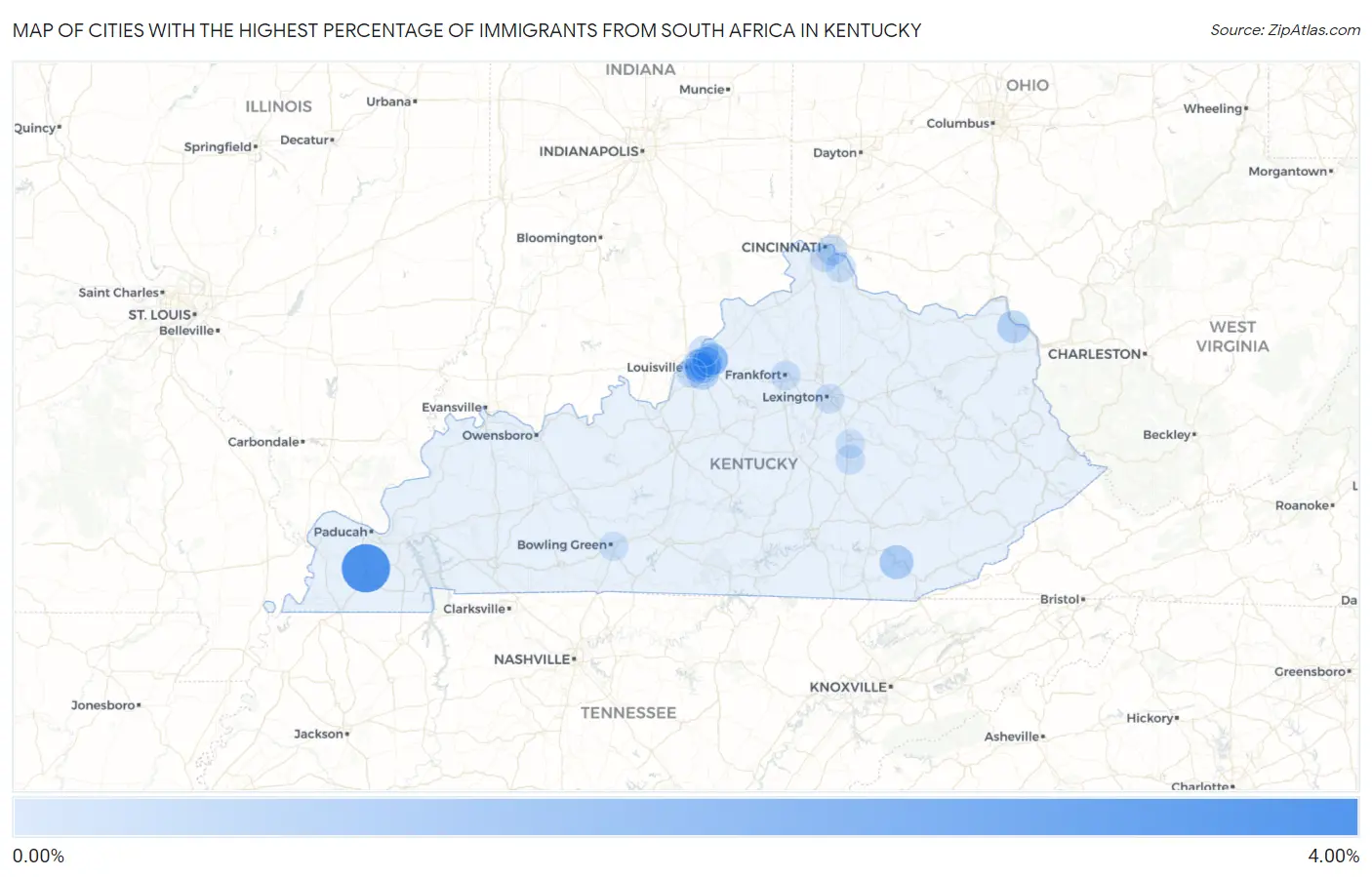 Cities with the Highest Percentage of Immigrants from South Africa in Kentucky Map
