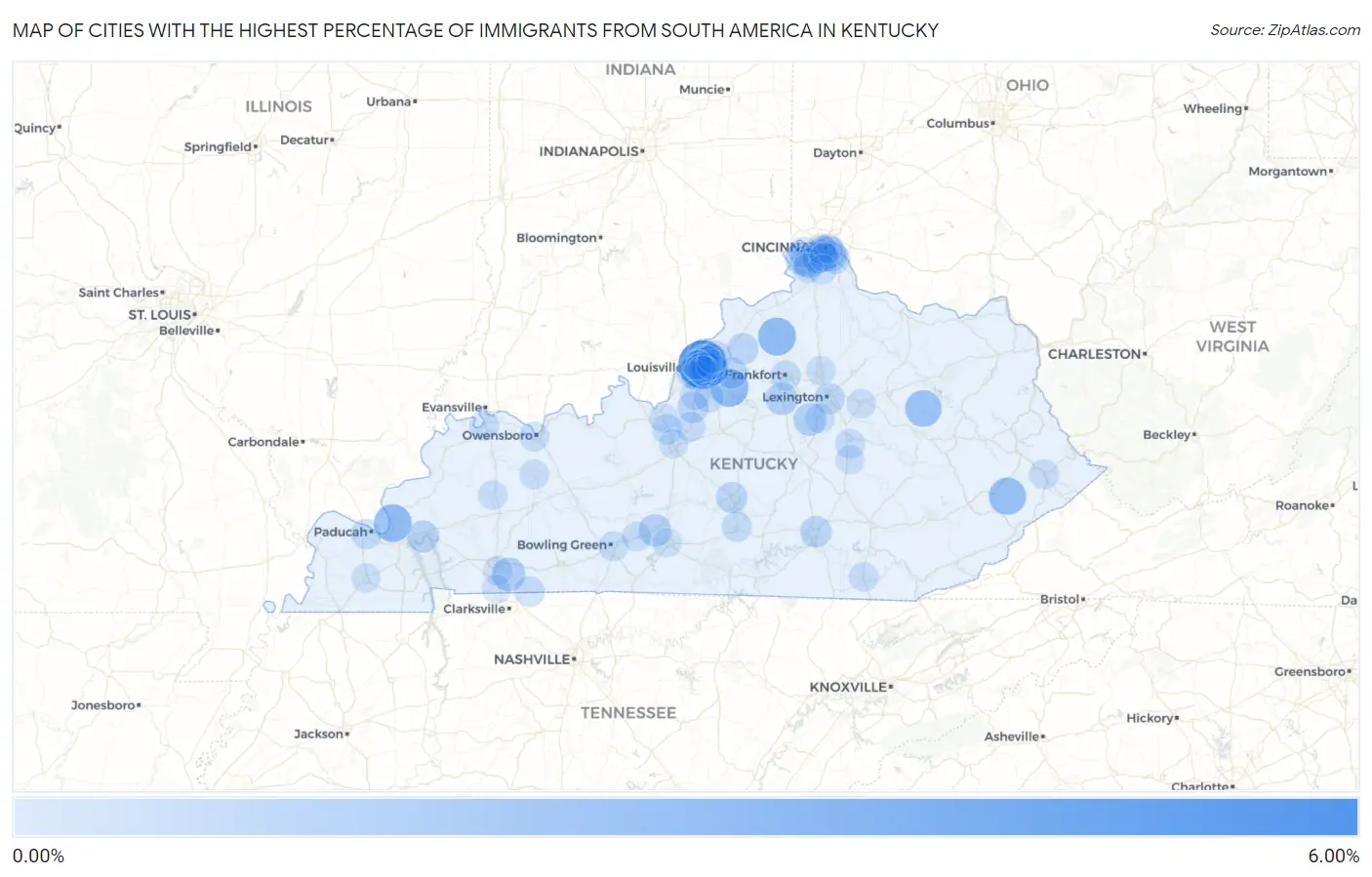 Cities with the Highest Percentage of Immigrants from South America in Kentucky Map